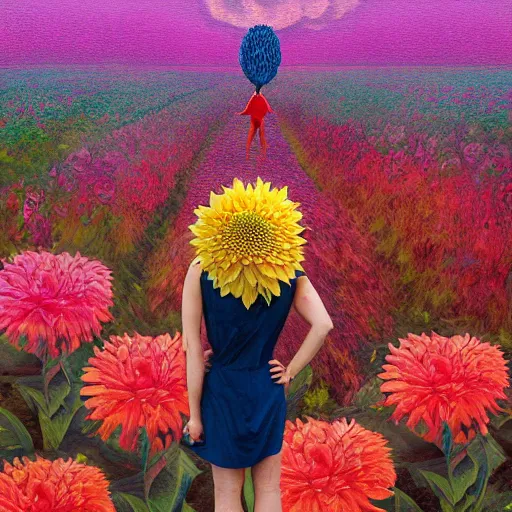 Image similar to giant dahlia flower head, full body girl standing in a flower field, surreal photography, sunrise, dramatic light, impressionist painting, colorful clouds, digital painting, artstation, simon stalenhag