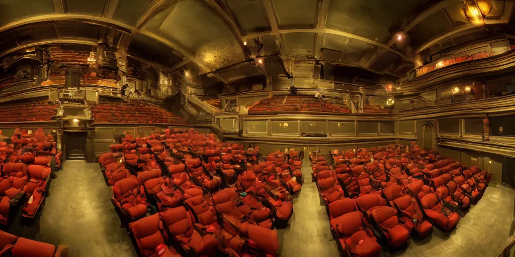 Image similar to a dimly lit, theater hall, 3 doors, 1 staircase, day of the tentacle style, fish eye