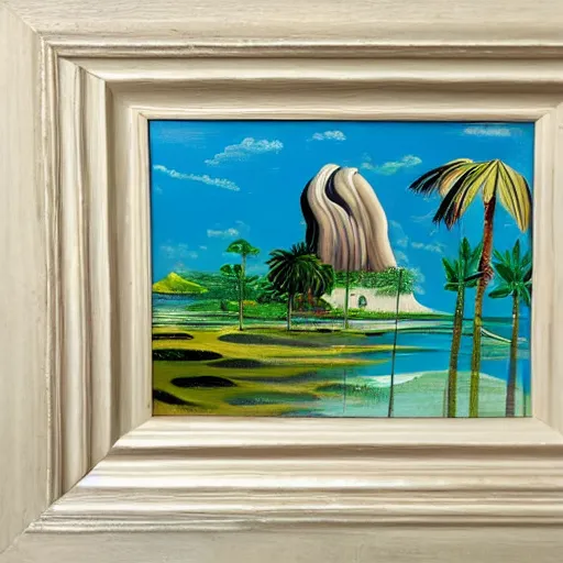 Image similar to a framed painting of a beautiful salvador dali tropical landscape