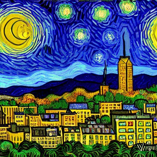 Image similar to asheville skyline in the style of starry night, by vincent van gogh