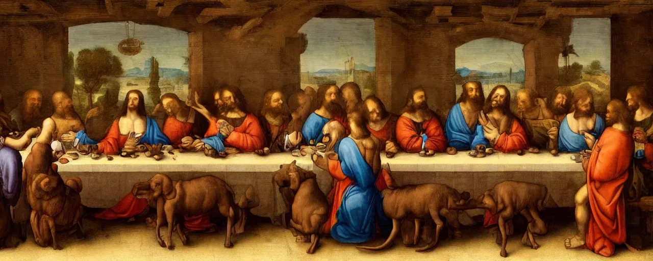 Image similar to A painting in the style of the last supper by Leonardo Da Vinci but with animals instead of people. High detail