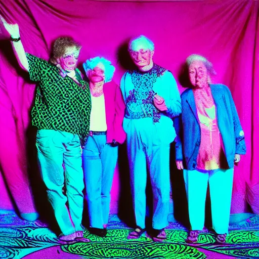 Image similar to old people, waporwave, magenta cyan, psychedelic, early'9 0 s