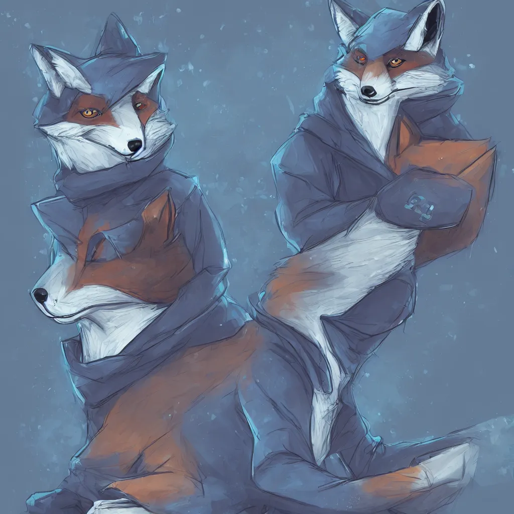 Image similar to an anthropomorphic fox in a blue hoodie typing on a keyboard, dark tones, concept art, digital art, highly detailed