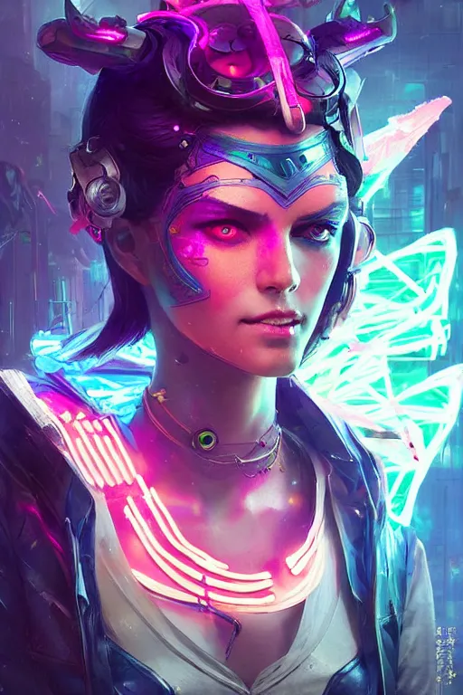 Image similar to morgana from league of legends, cyberpunk futuristic neon. decorated with traditional japanese ornaments by ismail inceoglu dragan bibin hans thoma greg rutkowski alexandros pyromallis nekro rene maritte illustrated, perfect face, fine details, realistic shaded, fine - face, pretty face, masterpiece