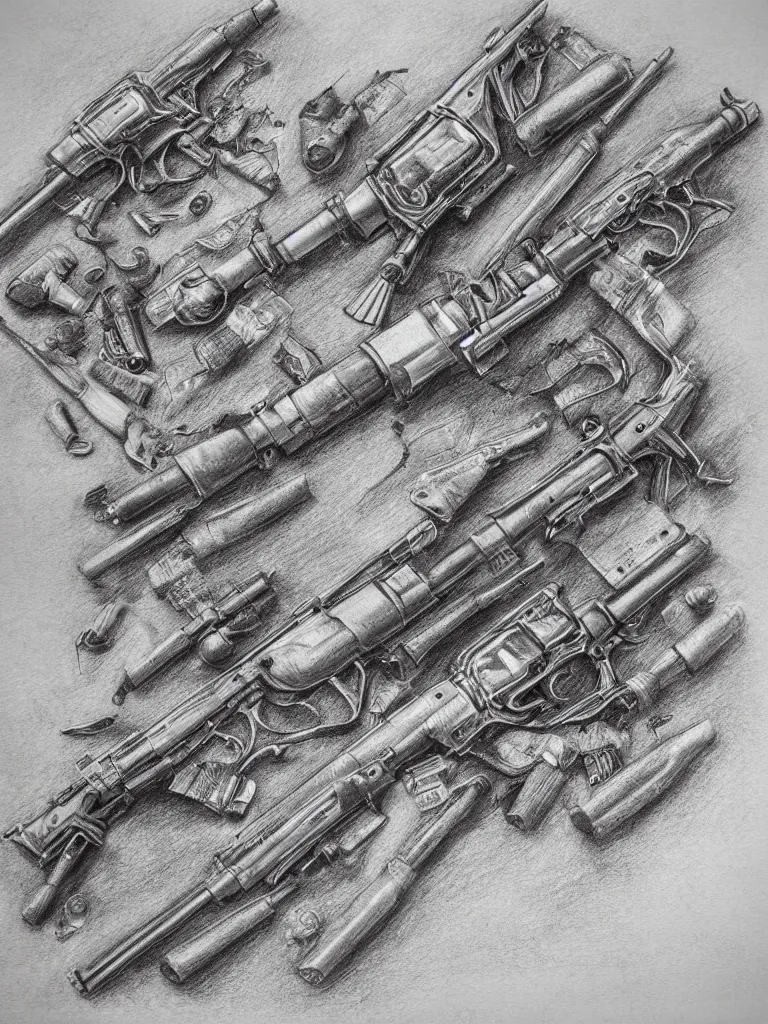 Prompt: detailed pencil etching of machine guns shotguns rifles revolvers bullets, drawing, ultrarealistic, intricate details, 4k