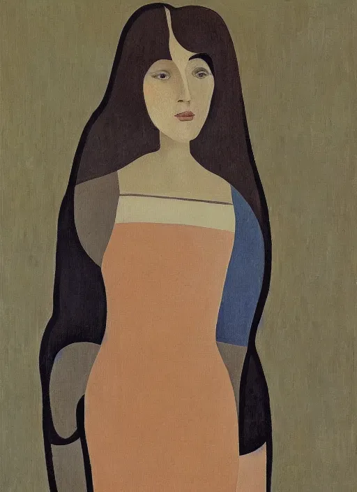 Image similar to a painted portrait of a confident women, art by felice casorati, aesthetically pleasing and harmonious natural colors, expressionism, natural light, fine day, portrait