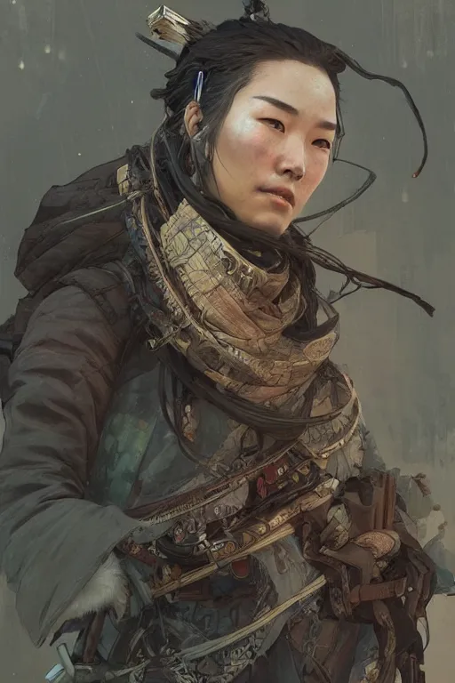 Image similar to A full portrait of a beautiful post apocalyptic Chinese explorer, intricate, elegant, highly detailed, digital painting, artstation, concept art, smooth, sharp focus, illustration, art by Krenz Cushart and Artem Demura and alphonse mucha