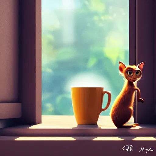 Prompt: a cute cat with big eyes looking at a cup of coffee in beautiful morning at a house window. Pixar Disney 4K 3d render funny animation movie Oscar winning trending on ArtStation and Behance. Ratatouille style.