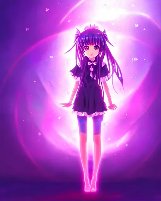 Image similar to anime style, vivid, expressive, full body, 4 k, painting, a cute magical girl with a long wavy black hair, stunning, realistic light and shadow effects, centered, violet sunlight, simple background, studio ghibly makoto shinkai yuji yamaguchi