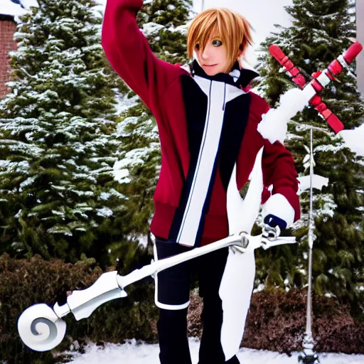 Image similar to of sora cosplay holding keyblade with snow background 35mm