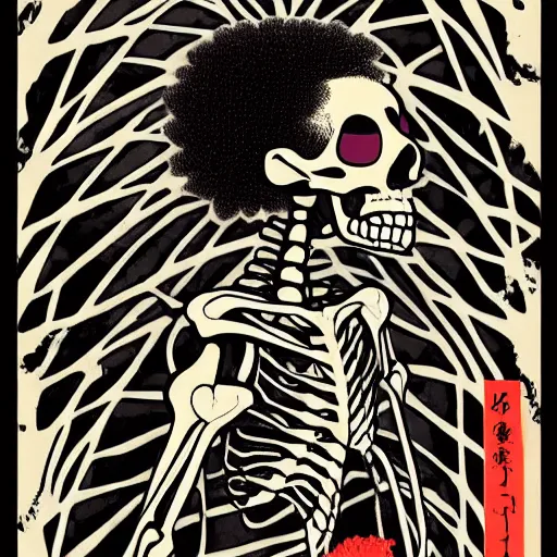 Prompt: a skeleton with an open jaw and an afro, digital art, ukiyo - e, trending on artstation,