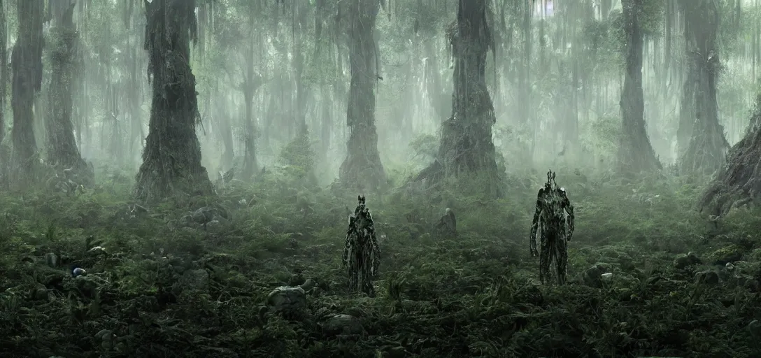 Prompt: a complex organic fractal 3 d metallic symbiotic ceramic humanoid megastructure creature in a swampy lush forest, foggy, cinematic shot, photo still from movie by denis villeneuve, wayne barlowe