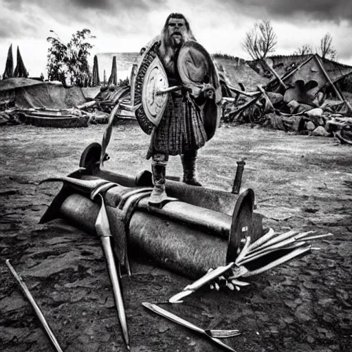 Image similar to viking in war armor working on the flying ancient device, tools and junk on the ground, old village in the distance, vintage old photo, black and white, sepia