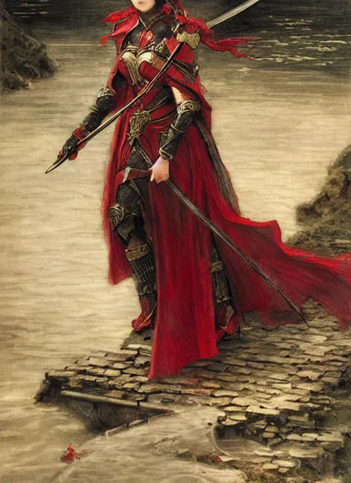 Image similar to woman in dark and red princess dragon armor, she is holding a katana sword, walking on an ancient flooded bridge. by william henry hunt