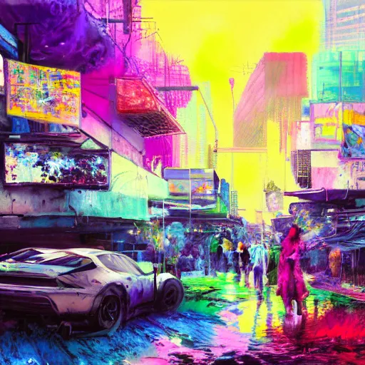 Image similar to acrylic painting, impressionism and expressionism, strong emotional impact, bold pastel colors, expressive brushstrokes, overall sense of movement in the composition. tie - dye hippie bohemian encampment with a garden. cyberpunk art by liam wong, cgsociety, panfuturism, cityscape, utopian art, anime aesthetic