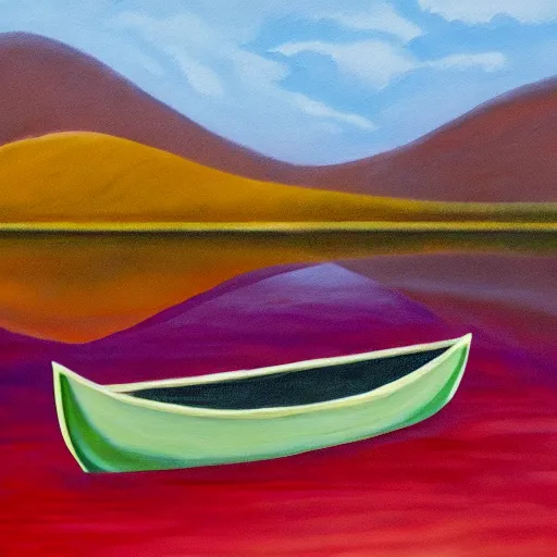 Prompt: painting of a lone canoe floating in a blood river