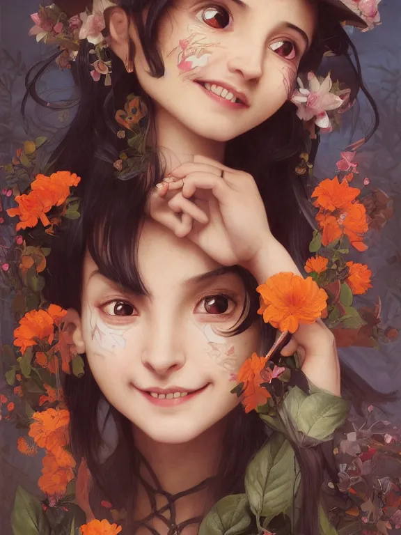 Image similar to Full shot of a cute mischievous young witch about to get up to some trouble. Latin American fashion. Floral patterns. Black and Orange palette. Latina girl. brown skin. defined facial features, symmetrical facial features. Smiling. By Ruan Jia and Artgerm and Range Murata and WLOP and Ross Tran and William-Adolphe Bouguereau. Key Art. Fantasy Illustration. award winning, Artstation, intricate details, realistic, Hyperdetailed, 8k resolution.