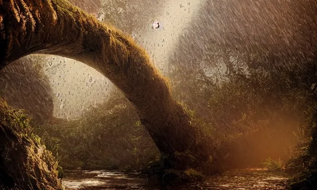 Prompt: beautiful photograph of a vertical tunnel made of raindrops, between a dried up river and the sun, highly-detailed, fantastic, dramatic lighting, artstation, 4k