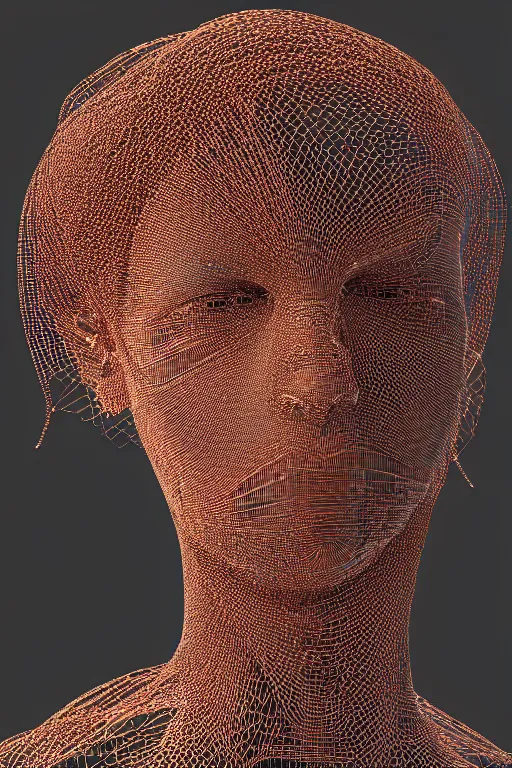 Prompt: generative art of a beautiful young woman made of 100000 thin copper wires. Made by janusz jurek inspired by januszjurek.info. houdini3d, blender. 8k 3d. Dynamic. Movement.