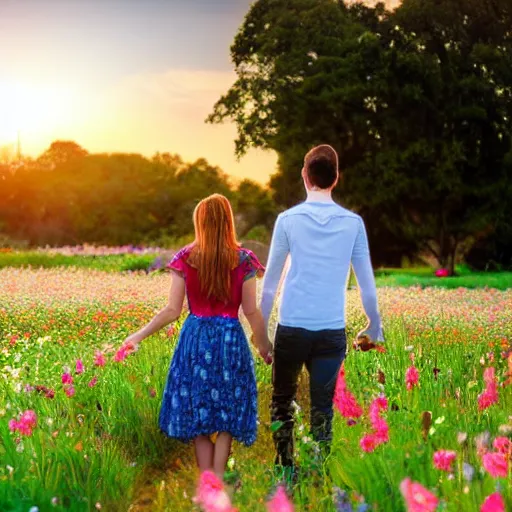 Image similar to a young couple holding hands in a field of flowers at sunset, cartoon