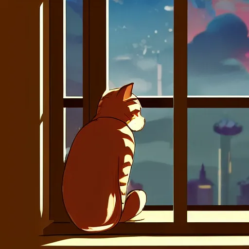 Prompt: a cat sitting on the window ledge watching over a beautiful anime city in the style of Tue Tue on ArtStation and Ayush Pant on ArtStation, the cat is pictured from behind, 4k,