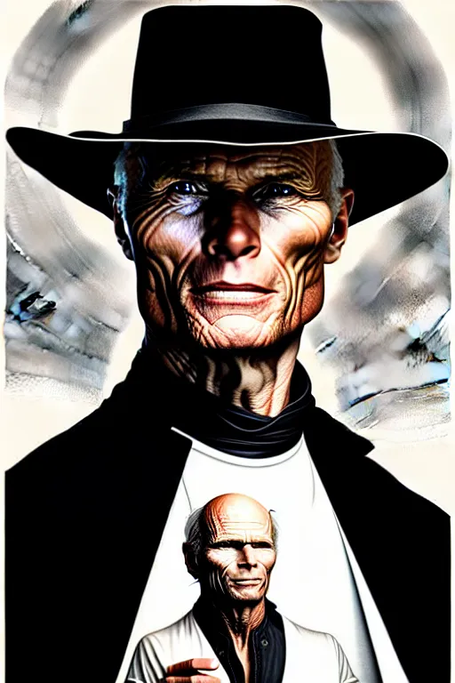 Image similar to ed harris as the man in black, westworld, wearing an all white outfit in the style of art by artgerm and greg rutkowski and alphonse mucha