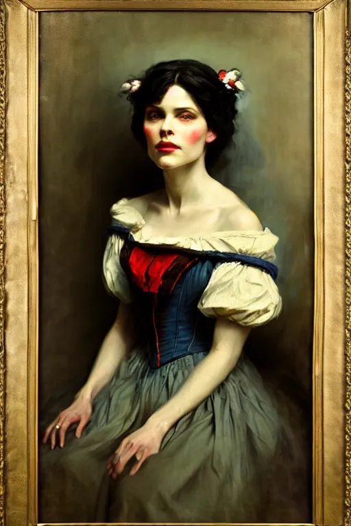 Image similar to photograph imax and solomon joseph solomon and richard schmid and jeremy lipking victorian loose genre loose painting full length portrait painting of snow white disney