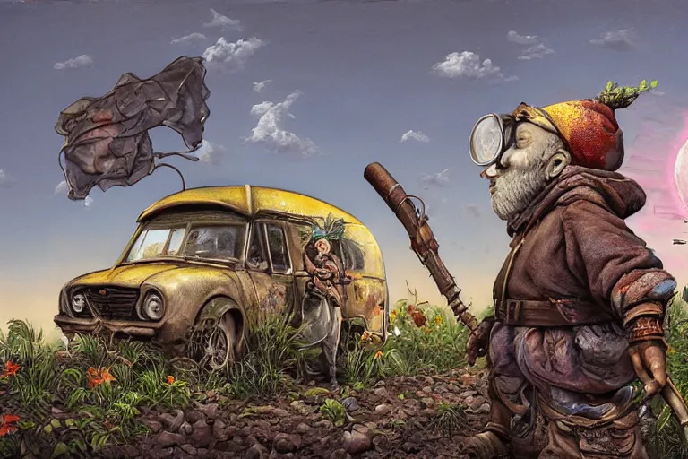 Image similar to a highly detailed garden gnome wearing goggles and head scarf holding onto the side of a caravan as its speeding down the highway, hopeless wasteland background with a relentless raging sun overhead, post - apocalyptic road warrior vibe, full body, wide angle, an ultrafine detailed painting by p. craig russell and barry windsor - smith, trending on deviantart, octane, masterpiece