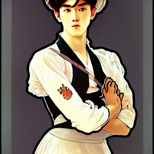 Prompt: full body painting of grumpy handsome thin beautiful young man in his 2 0 s named min - jun in a french female maid outfit, modern clothing, elegant, clear, painting, stylized, sharp facial features, soft but grumpy, highly detailed, art, art by alphonse mucha