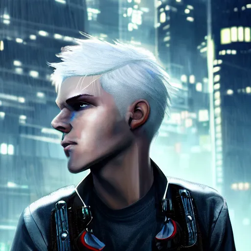 Image similar to boy with white hair in a cyberpunk world, and mechanical buildings, artstation, digital art, highly detailed, intricate, unreal engine, fine detail, smooth, sharp focus, detailed face