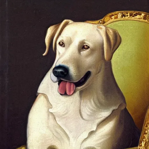 Prompt: labrador with his tongue out, sitting on a throne, 1700 oil painting, rococo