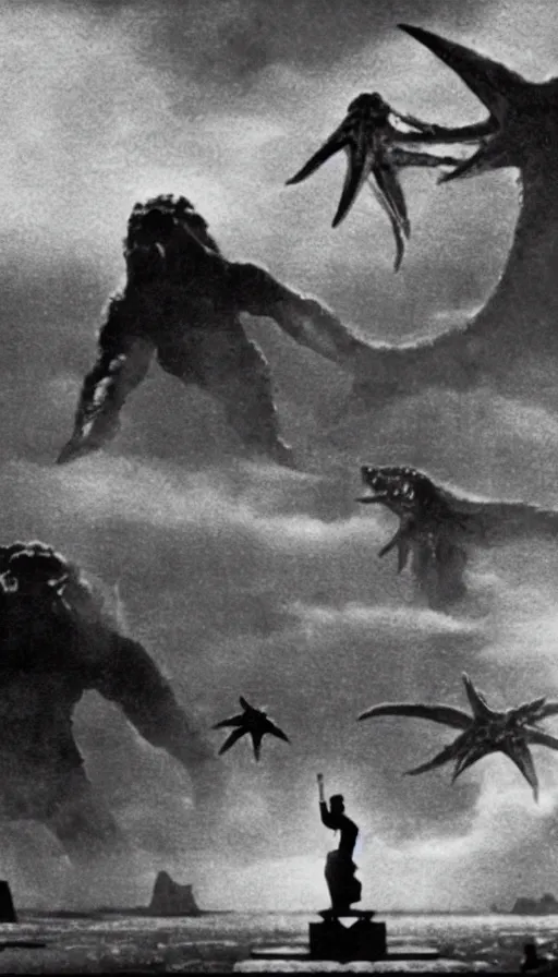 Image similar to a filmstill of a north korean monster movie, kaiju - eiga monster with starfish - arms trampling a traditional korean palace, foggy, film noir, epic battle, etheral, explosions, communist propaganda, communist epic thriller produced by kim jong - il, cinematography by akira kurosawa and tim burton, video compression