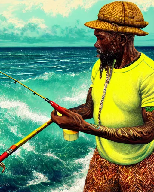 Image similar to Fisherman, Jamaican Male Fisherman, casting fishing rod into the sea, Illustration, Third-Person View, Depth of Field, Colorful with Yellow Green Black Red, insanely detailed and intricate, hypermaximalist, jamaican vibe, hyper realistic, super detailed, by Charlie Bowater, by Karol Bak