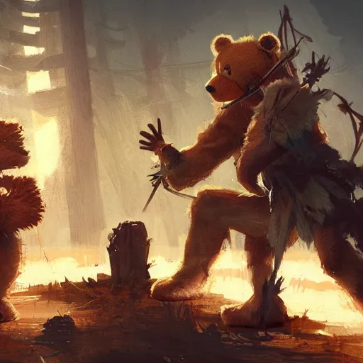 Image similar to a teddy bear priest fights against a Puppet warrior, by greg rutkowski, in the style of magic the gathering, trending on artstation, 4k, very detailed