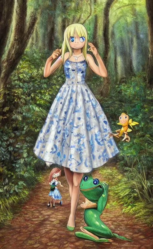 Prompt: a beautiful detailed intricate photorealistic painting of a young blond girl in a blue dress woman walking through a forest. there is a cute frog on the ground by her feat. fairy tail. vibrant. beautiful. photorealistic. hd. hq. trending on arstation.