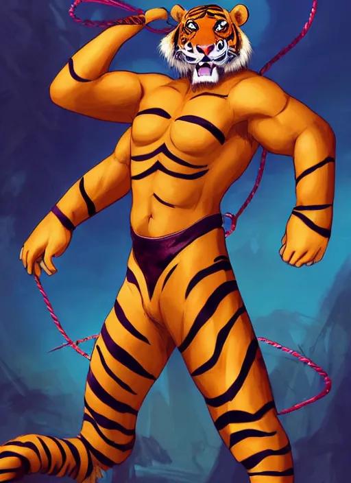 Prompt: character portrait of a male anthro Tiger fursona wearing a wrestling costume in a futuristic wrestling ring. Character design by charlie bowater, ross tran, artgerm, and makoto shinkai, detailed, inked, western comic book art