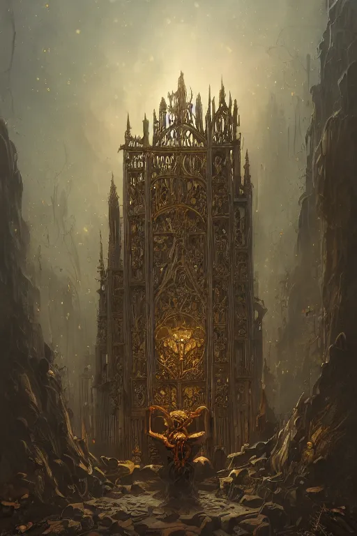 Image similar to illustration of close low angle view of an ornate obsidian gothic pipe organ with gold spidery embellishments, night, smoke, ground fog, by peter mohrbacher, by frank frazetta, by alex andreev, by vincent di fate, large depth of field, super detailed, digital art, trending on artstation, ornate