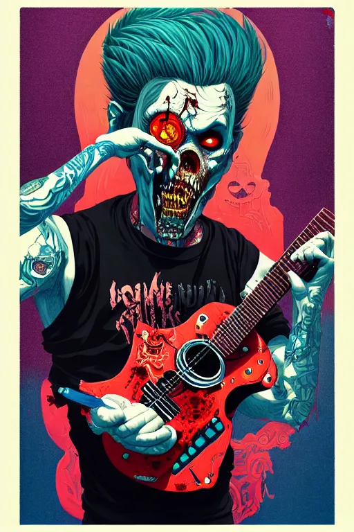 Image similar to zombie punk rocker playing acoustic guitar, tristan eaton, victo ngai, artgerm, rhads, ross draws, intricated details, 3 / 4 view, full body portrait