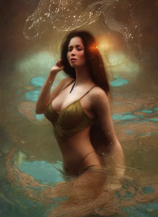 Prompt: hyper realist matte digital painting of a young beautiful woman, beautiful face, full body, head to toe, jugendstill, floating in water, weightless, bubbles rising, seaweed, headspace, fairytale, fantasy art, photo realistic, dynamic lighting, artstation, volumetric lighting, by mucha, by charlie bowater, by karol bak, by alma tadema