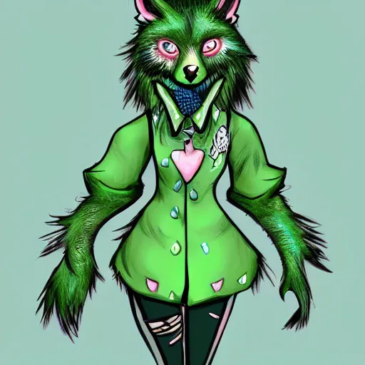 Prompt: Beautiful digital painting of an anthro anthropomorphic pastel-green wolf, Punk outfit. Western comic book style, inked, cute, cozy