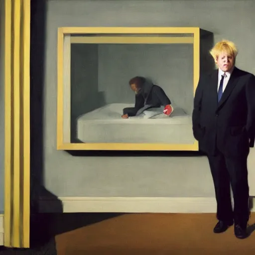 Image similar to a fine art portrait of british prime minister boris john wearing a tracksuit. in the style of edward hopper, richard hamilton and stanley kubrick.