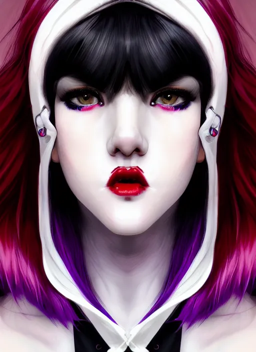 Image similar to portrait of white teenage girl, normal face, black bangs, mall goth, cyberlox, black and white hair, bangs, fluffy bangs, red contacts, purple lipstick, intricate, elegant, highly detailed, digital painting, artstation, concept art, sharp focus, smooth, illustration, art by wlop, mars ravelo and greg rutkowski