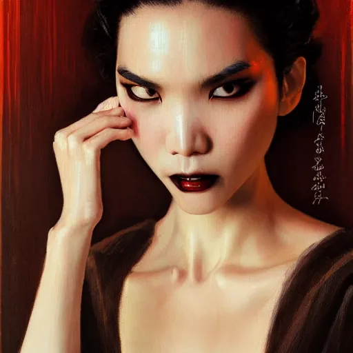 Image similar to detailed cinematic wide shot of beautiful attractive tao okamoto asian vampire woman wearing black bath robe slim face symettrical face clean skin black eyes black robe smooth, sharp focus, ultra realistic, spring light, painting by gaston bussiere, craig mullins, j. c. leyendecker