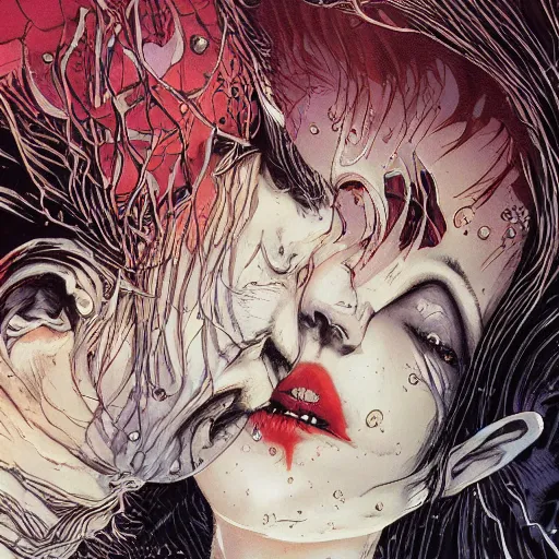 Image similar to closeup of melting kissing vampires, catelvania, by yoichi hatakenaka, masamune shirow, josan gonzales and dan mumford, ayami kojima, takato yamamoto, barclay shaw, karol bak