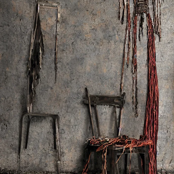 Prompt: a closeup portrait of a woman wearing a cloak made of rusted nails and ribbons, staring at an empty chair, derelict home, photograph, by vincent desiderio, canon eos c 3 0 0, ƒ 1. 8, 3 5 mm, 8 k, medium - format print
