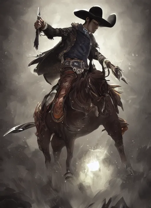 Image similar to a highly detailed illustration of cha eunwoo as a cowboy wearing black cowboy hat, dramatic wielding gun pose, perfect face, intricate, elegant, highly detailed, centered, digital painting, artstation, concept art, smooth, sharp focus, league of legends concept art, wlop