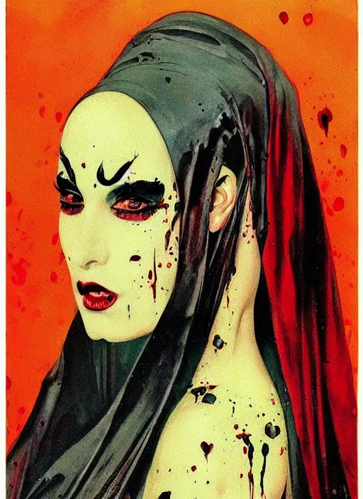 Image similar to portrait of bald iranian vampiress, jeweled veil, strong line, saturated color, beautiful! coherent! by frank frazetta, high contrast, blood splatter background