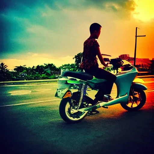 Prompt: “buzz cut, Vietnamese girl riding a motorbike through the city, photograph, beautiful, sunset”
