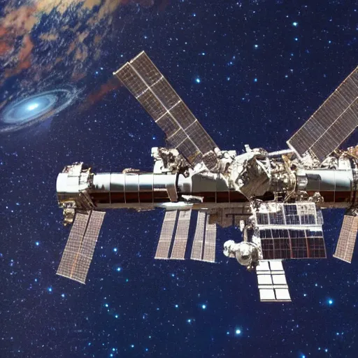 Prompt: space station made of scrap metal attached together floating deep in space