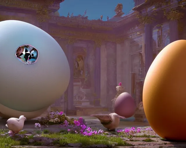 Image similar to of a very beautiful scene. a sweet fat old woman is in love with a huge, colorful and beautiful egg. hyper realistic. 4 k. wide angle. in the baroque style. wild. symmetrical face, red mouth, blue eyes. deep focus, lovely scene. processing block environment. concept art. unreal engine.